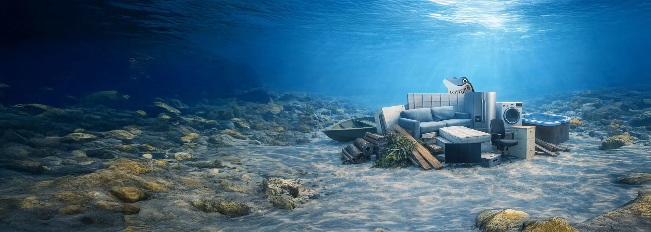 A seafloor pile of furniture, appliances and a hot tub with the Junk Sharks mascot